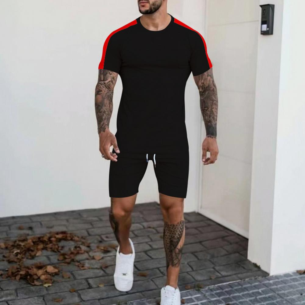 Men Tracksuit 2Pcs/Set Quick Drying Summer Patchwork Color Slim T-shirt Shorts - activesportslife