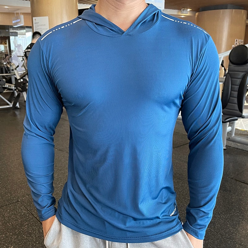 Men Long Sleeve Elastic Thin Comfort Breathable Quick Dry Hooded Top - activesportslife