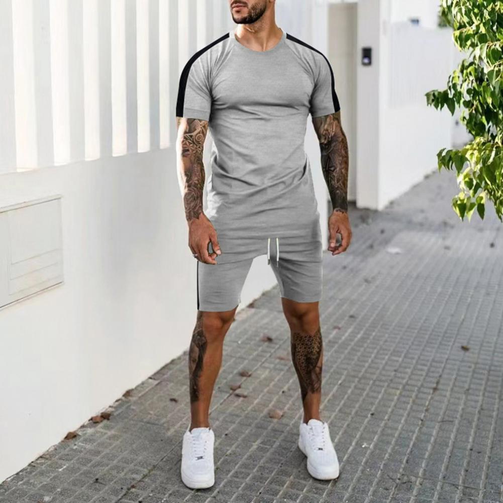 Men Tracksuit 2Pcs/Set Quick Drying Summer Patchwork Color Slim T-shirt Shorts - activesportslife
