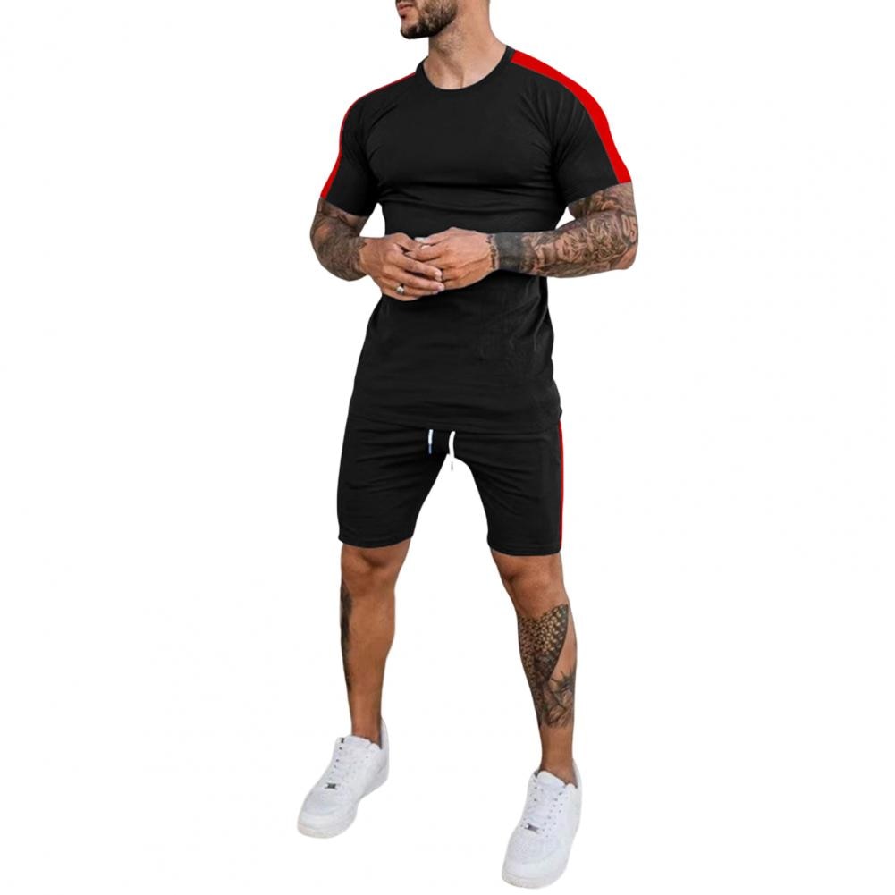 Men Tracksuit 2Pcs/Set Quick Drying Summer Patchwork Color Slim T-shirt Shorts - activesportslife