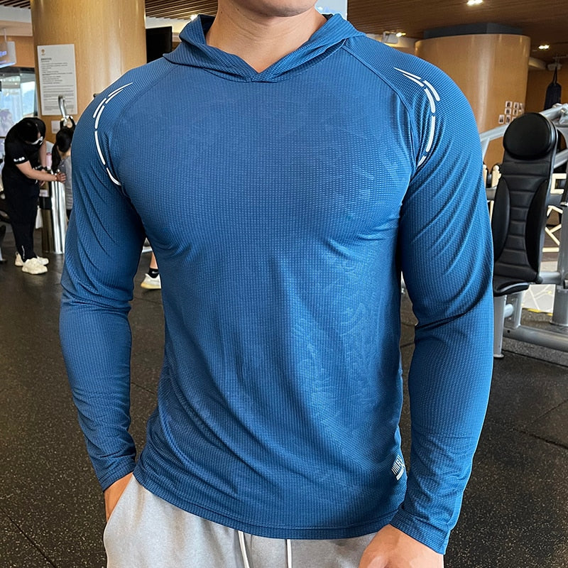 Men Long Sleeve Elastic Thin Comfort Breathable Quick Dry Hooded Top - activesportslife