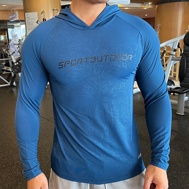 Men Long Sleeve Elastic Thin Comfort Breathable Quick Dry Hooded Top - activesportslife