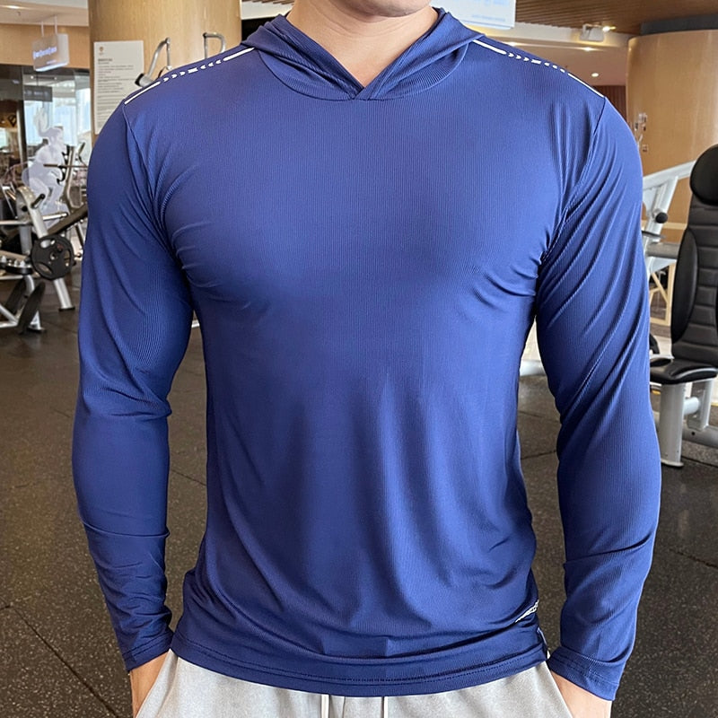 Men Long Sleeve Elastic Thin Comfort Breathable Quick Dry Hooded Top - activesportslife