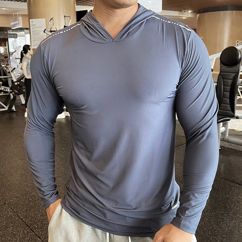 Men Long Sleeve Elastic Thin Comfort Breathable Quick Dry Hooded Top - activesportslife