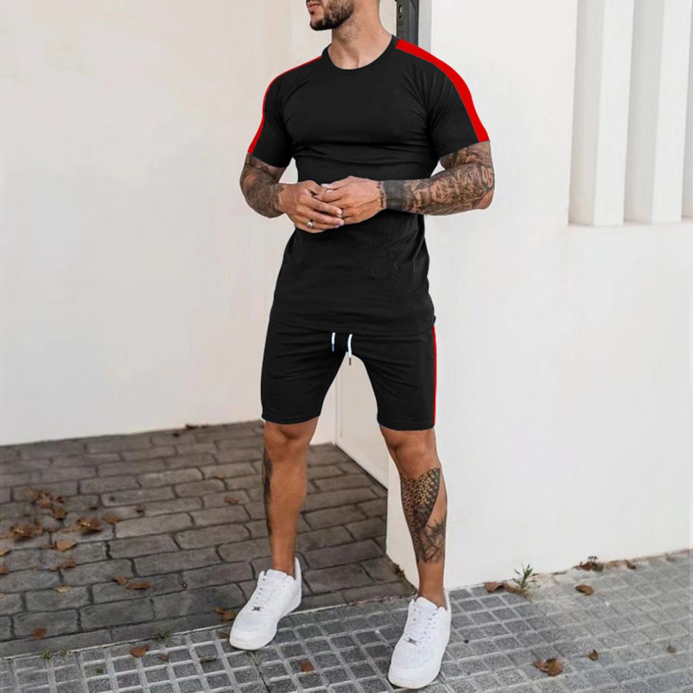 Men Tracksuit 2Pcs/Set Quick Drying Summer Patchwork Color Slim T-shirt Shorts - activesportslife