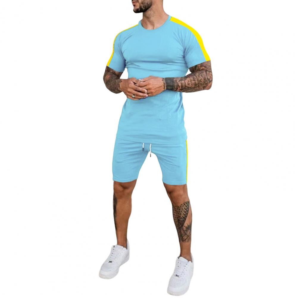 Men Tracksuit 2Pcs/Set Quick Drying Summer Patchwork Color Slim T-shirt Shorts - activesportslife
