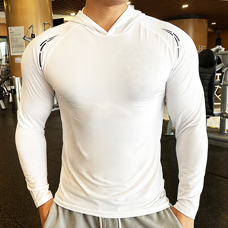 Men Long Sleeve Elastic Thin Comfort Breathable Quick Dry Hooded Top - activesportslife
