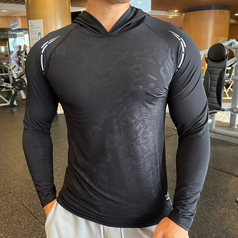Men Long Sleeve Elastic Thin Comfort Breathable Quick Dry Hooded Top - activesportslife