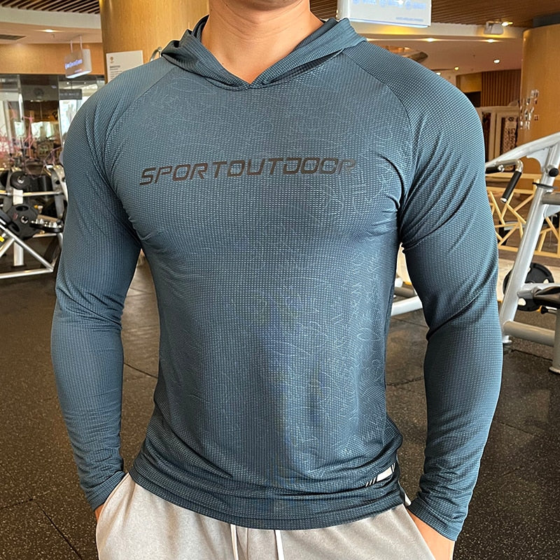 Men Long Sleeve Elastic Thin Comfort Breathable Quick Dry Hooded Top - activesportslife