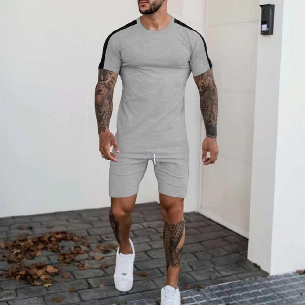 Men Tracksuit 2Pcs/Set Quick Drying Summer Patchwork Color Slim T-shirt Shorts - activesportslife