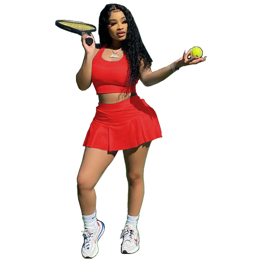 Women Tennis Suit Fashion Sexy Vest Crop Top Short Skirt Two Piece Set Sporty Team Outfits Customized Sets - activesportslife