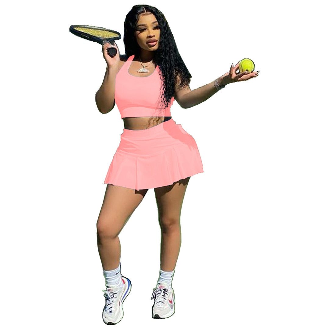 Women Tennis Suit Fashion Sexy Vest Crop Top Short Skirt Two Piece Set Sporty Team Outfits Customized Sets - activesportslife