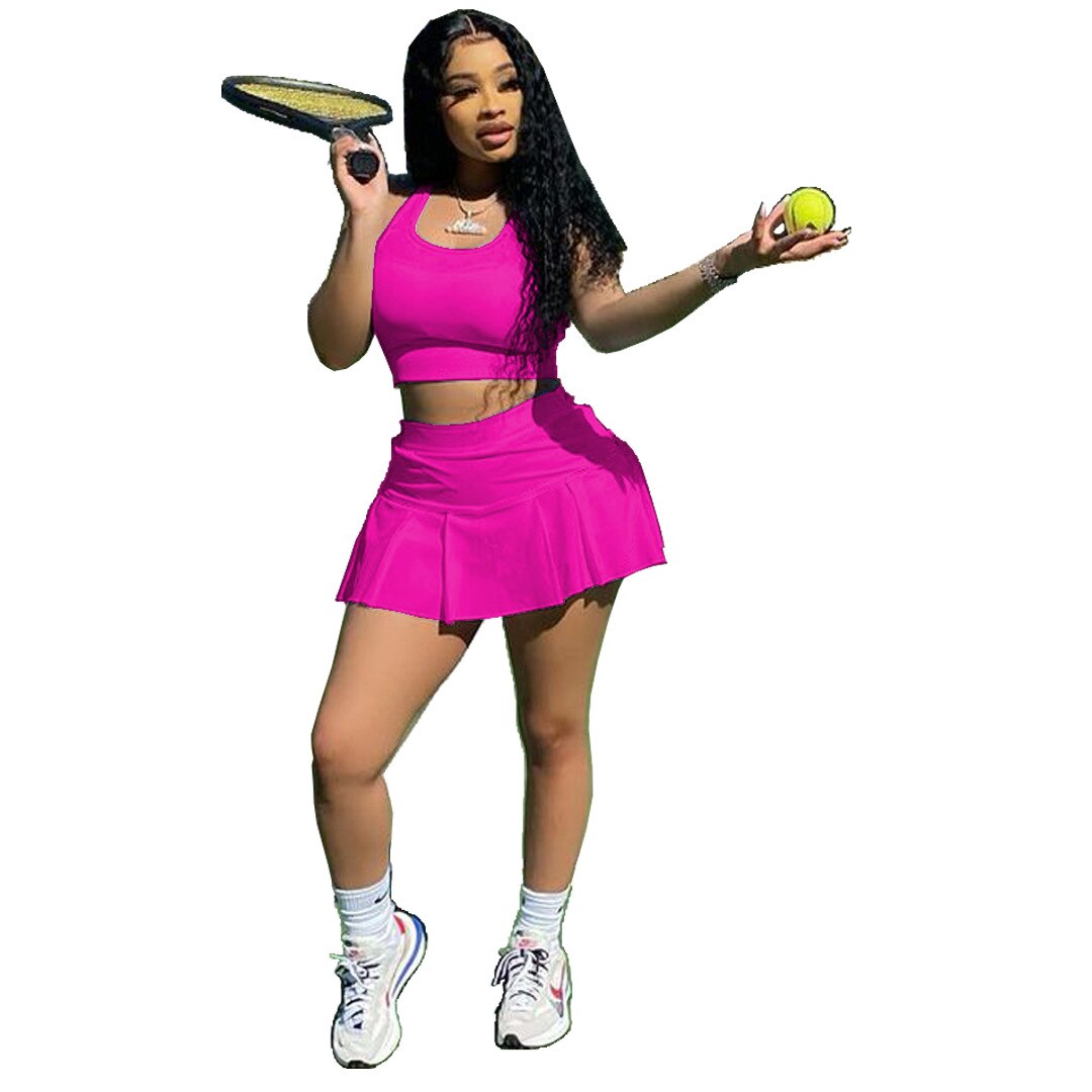 Women Tennis Suit Fashion Sexy Vest Crop Top Short Skirt Two Piece Set Sporty Team Outfits Customized Sets - activesportslife