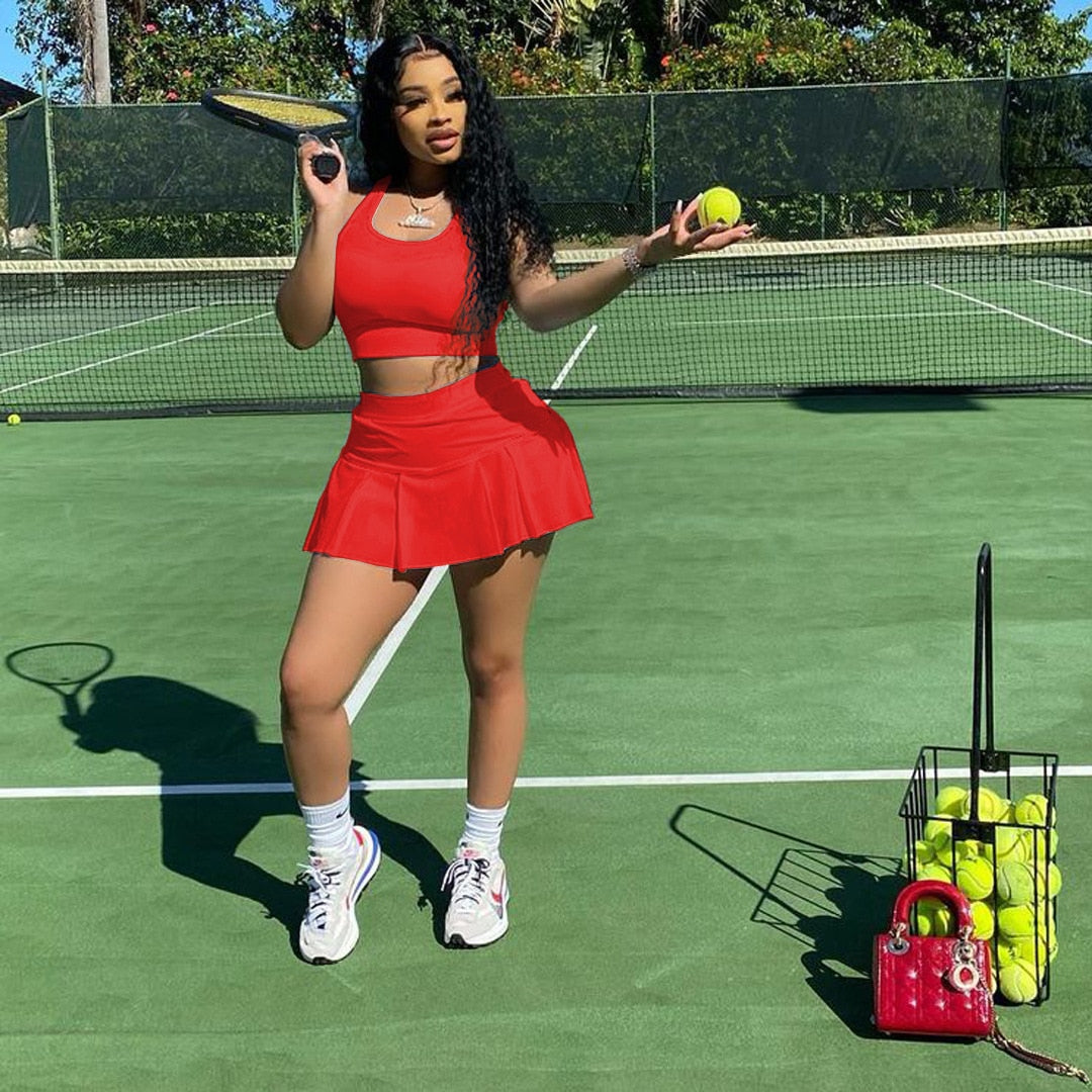 Women Tennis Suit Fashion Sexy Vest Crop Top Short Skirt Two Piece Set Sporty Team Outfits Customized Sets - activesportslife