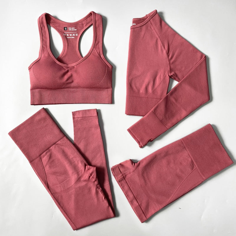 4PCS Seamless Women Yoga Set  Long Sleeve Crop Top High Waist Leggings Sports Suit - activesportslife