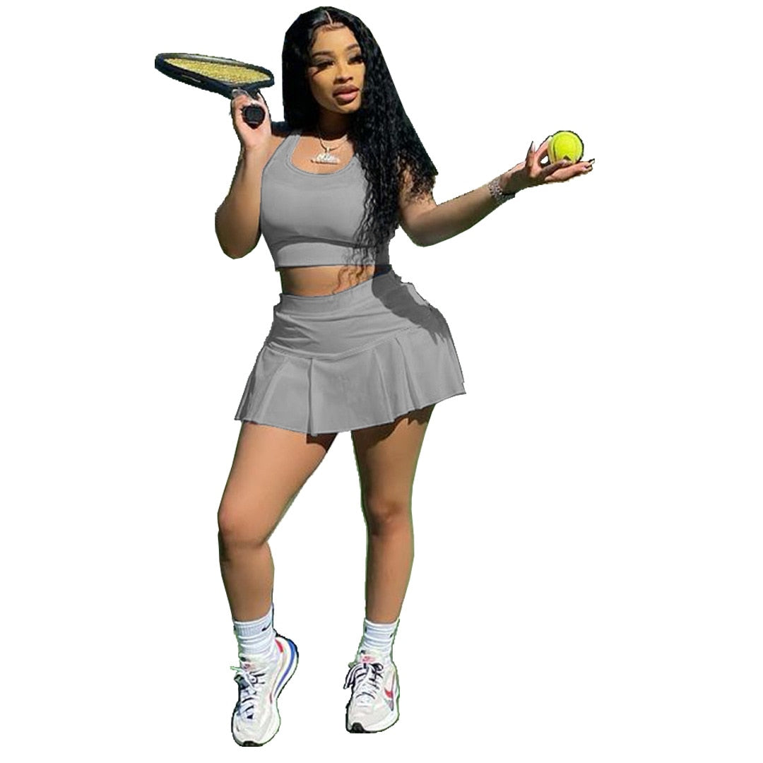 Women Tennis Suit Fashion Sexy Vest Crop Top Short Skirt Two Piece Set Sporty Team Outfits Customized Sets - activesportslife