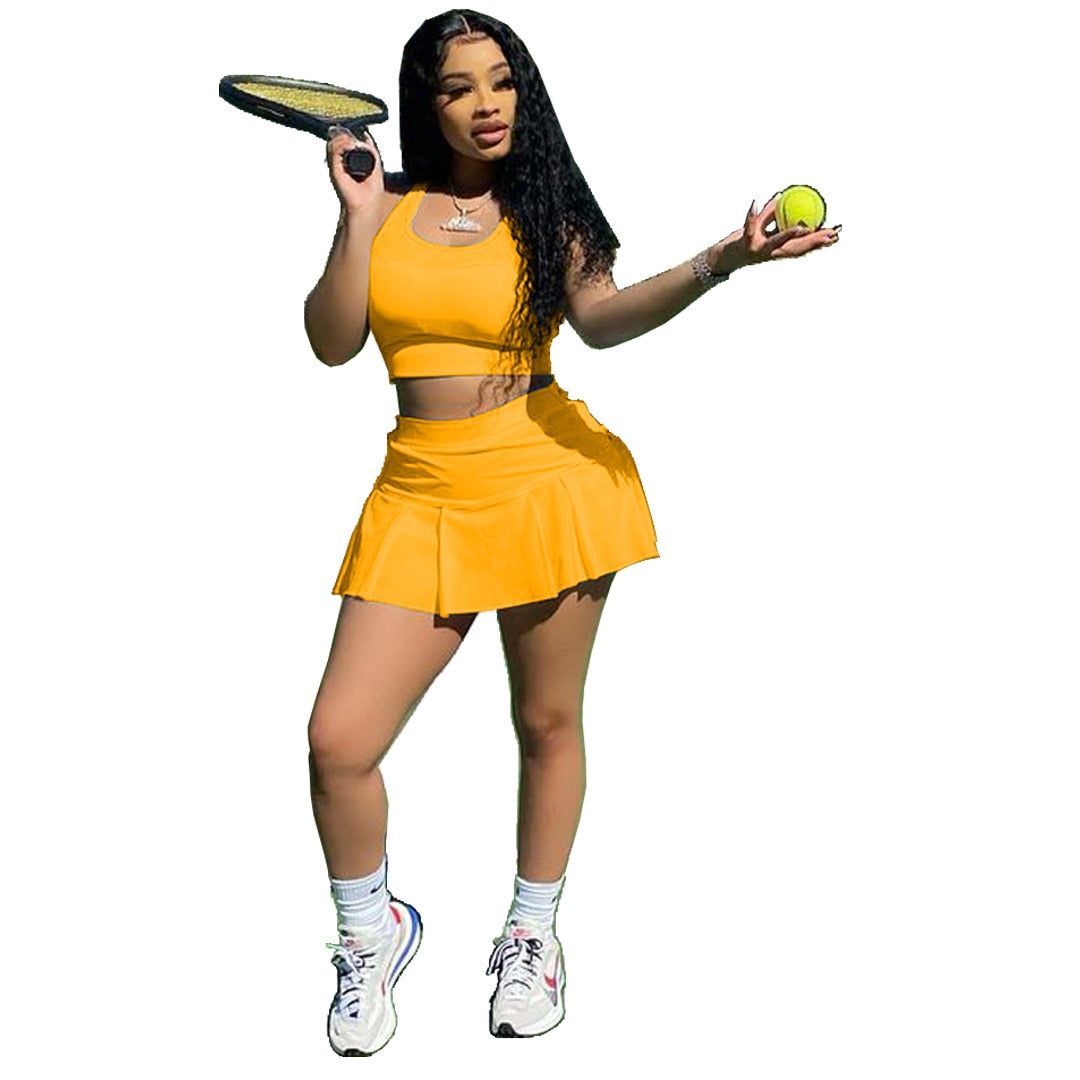 Women Tennis Suit Fashion Sexy Vest Crop Top Short Skirt Two Piece Set Sporty Team Outfits Customized Sets - activesportslife