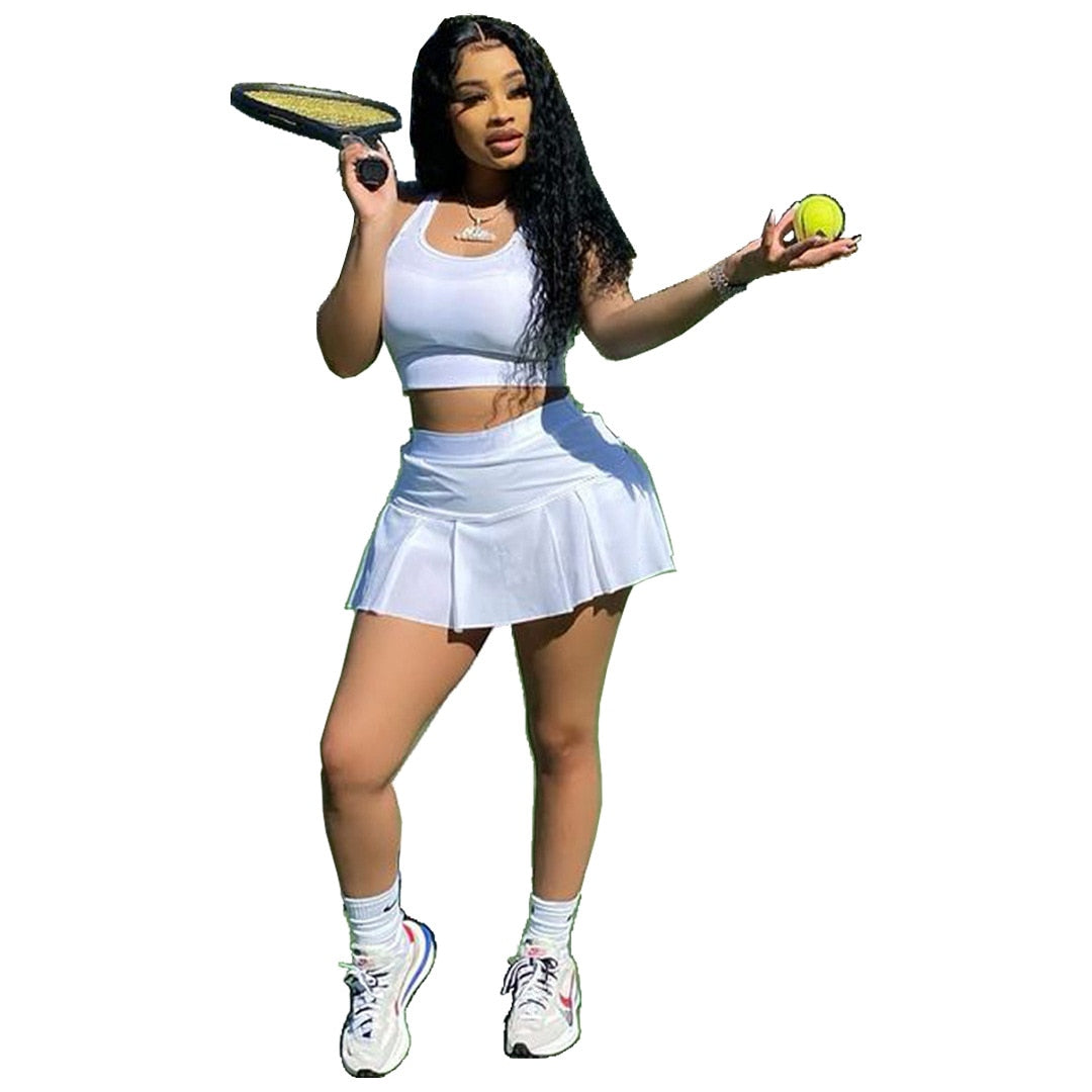 Women Tennis Suit Fashion Sexy Vest Crop Top Short Skirt Two Piece Set Sporty Team Outfits Customized Sets - activesportslife