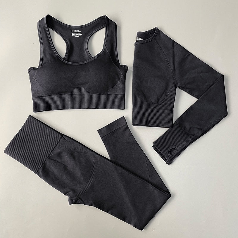 4PCS Seamless Women Yoga Set  Long Sleeve Crop Top High Waist Leggings Sports Suit - activesportslife