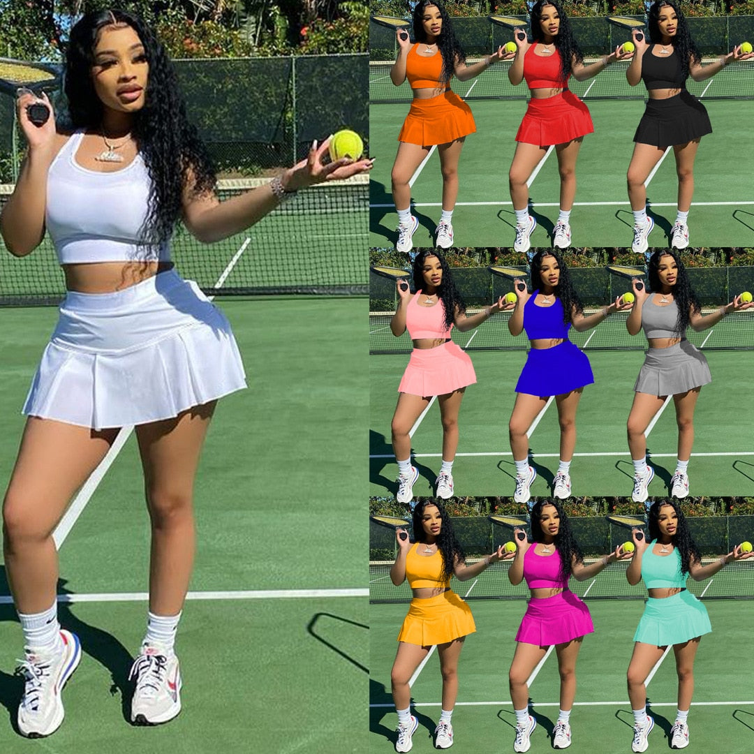 Women Tennis Suit Fashion Sexy Vest Crop Top Short Skirt Two Piece Set Sporty Team Outfits Customized Sets - activesportslife