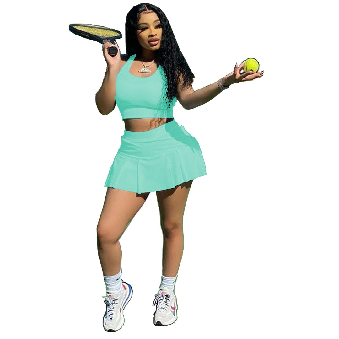 Women Tennis Suit Fashion Sexy Vest Crop Top Short Skirt Two Piece Set Sporty Team Outfits Customized Sets - activesportslife