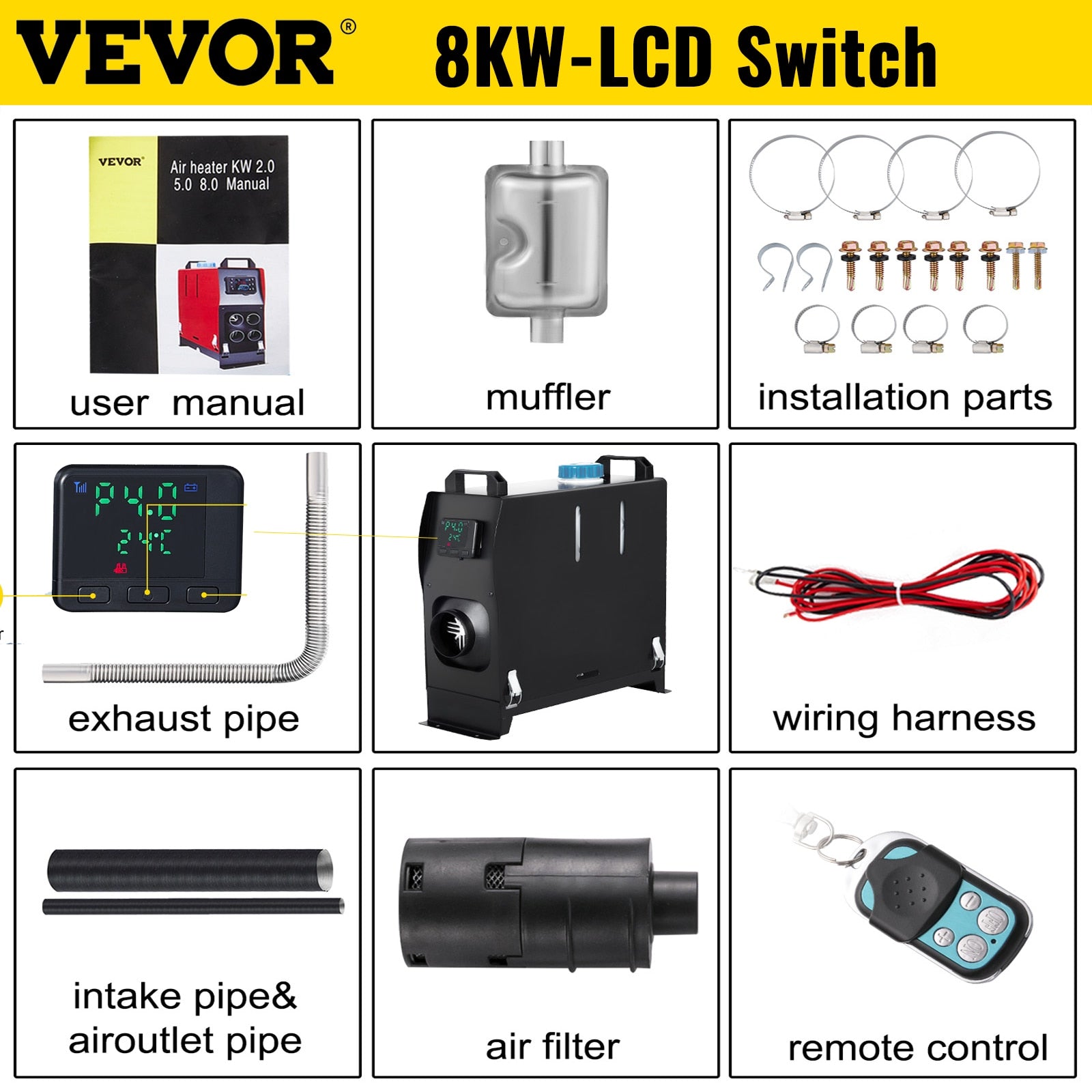 VEVOR 8KW Car Heater 12V Diesel Air Heater LCD Switch Cab Heating Boat Yacht RV Truck Bus Motorhomes Caravans Van Parking Heater - activesportslife