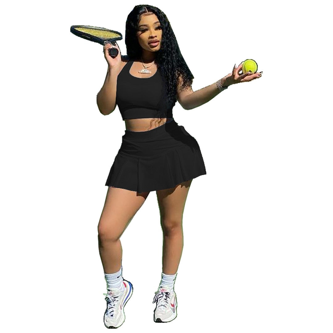 Women Tennis Suit Fashion Sexy Vest Crop Top Short Skirt Two Piece Set Sporty Team Outfits Customized Sets - activesportslife