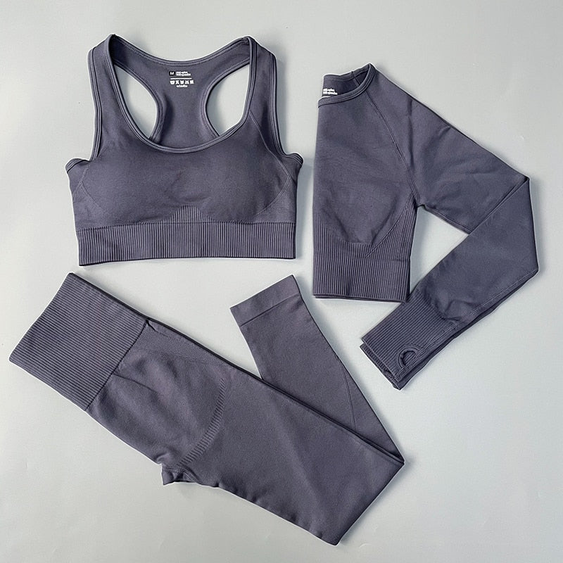 4PCS Seamless Women Yoga Set  Long Sleeve Crop Top High Waist Leggings Sports Suit - activesportslife