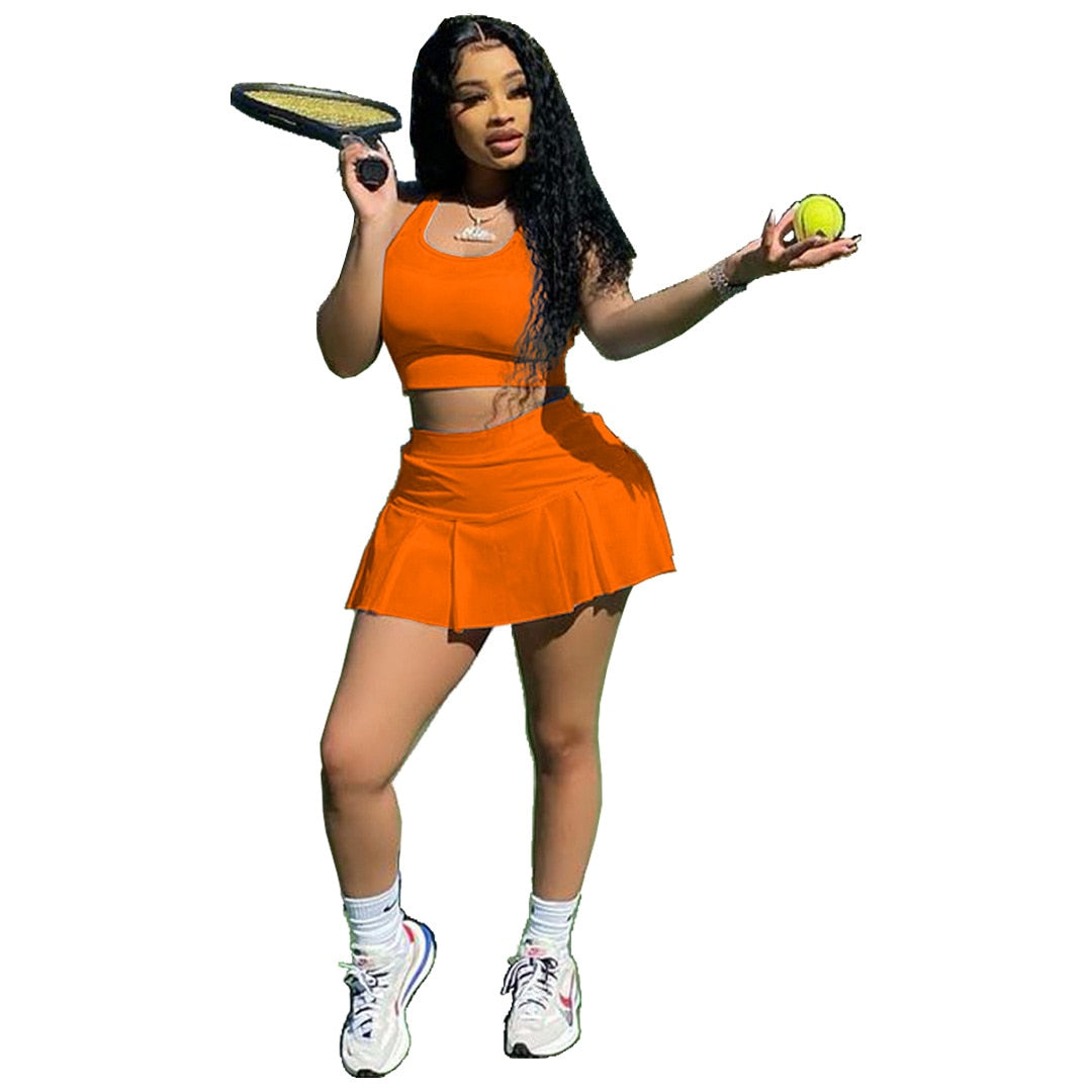 Women Tennis Suit Fashion Sexy Vest Crop Top Short Skirt Two Piece Set Sporty Team Outfits Customized Sets - activesportslife