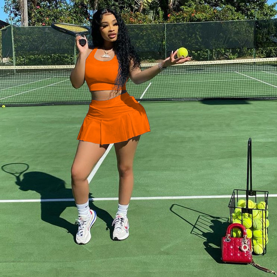 Women Tennis Suit Fashion Sexy Vest Crop Top Short Skirt Two Piece Set Sporty Team Outfits Customized Sets - activesportslife