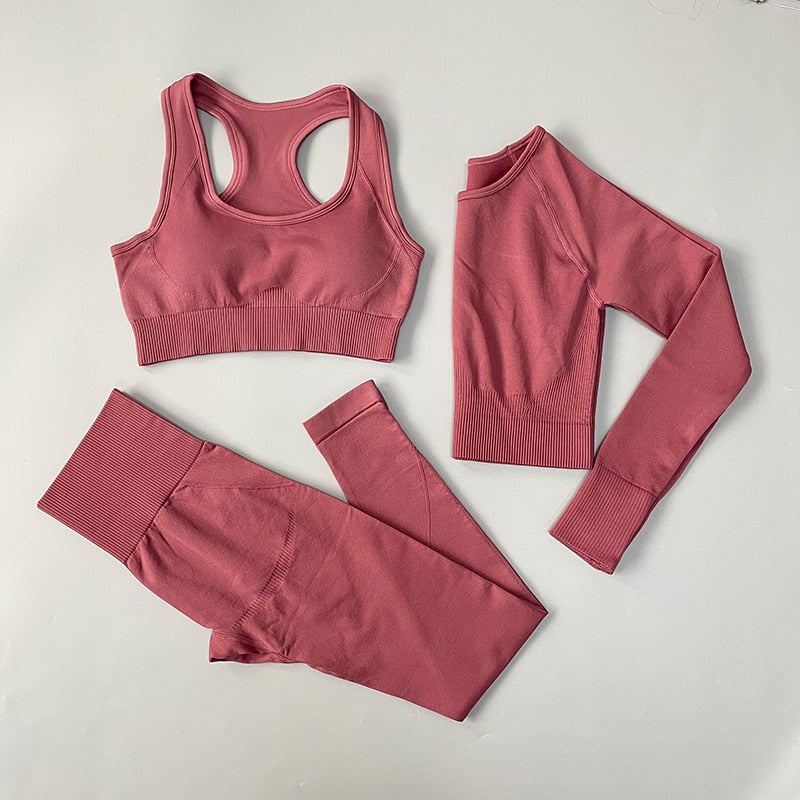 4PCS Seamless Women Yoga Set  Long Sleeve Crop Top High Waist Leggings Sports Suit - activesportslife