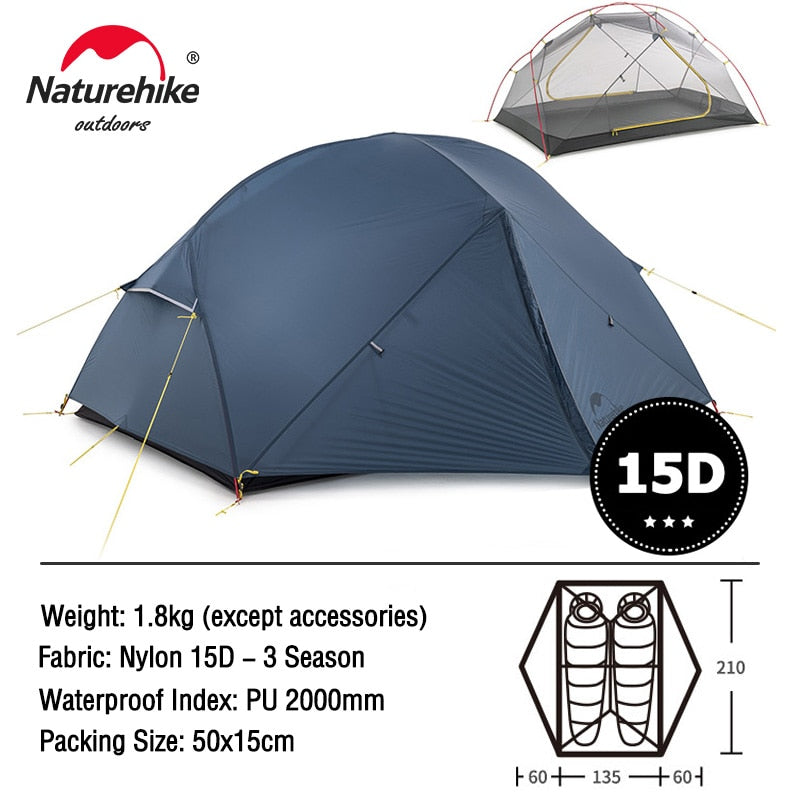 Naturehike Tent 2 Person Backpacking Tent 20D Ultralight Waterproof Survival Outdoor Camping - activesportslife