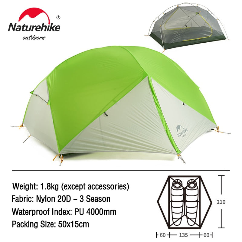 Naturehike Tent 2 Person Backpacking Tent 20D Ultralight Waterproof Survival Outdoor Camping - activesportslife