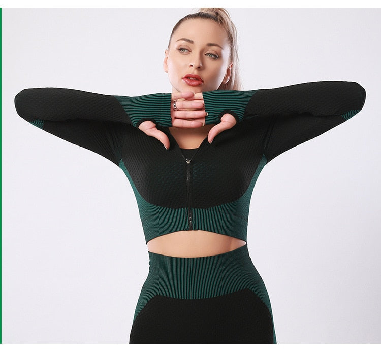 Women Tracksuit Outfit Fitness Set High Waist Leggings Gym Zipper Long Sleeve Yoga and Gymb Clothing - activesportslife