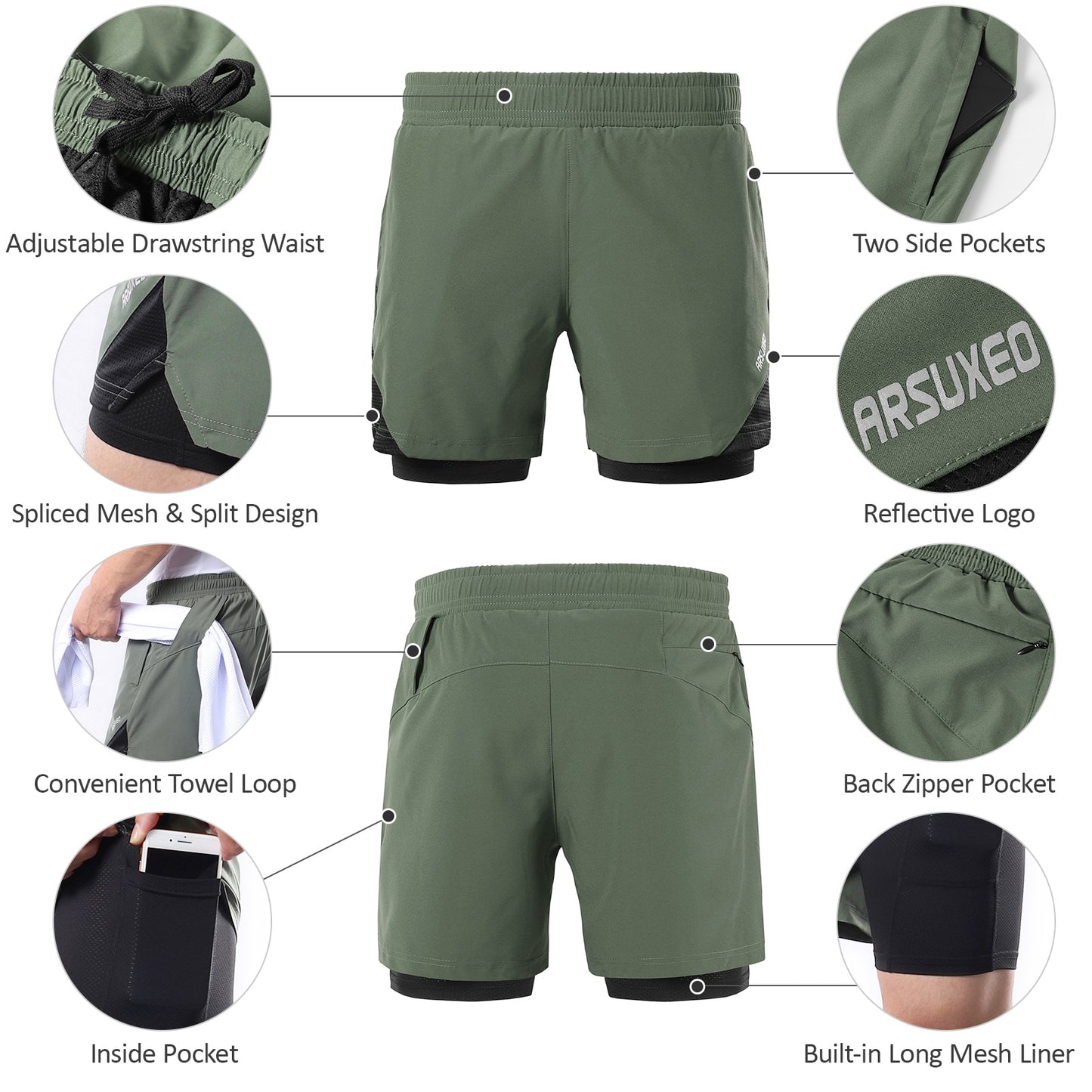 Arsuxeo 2-In-1 Mens Running Shorts with Towel Loop