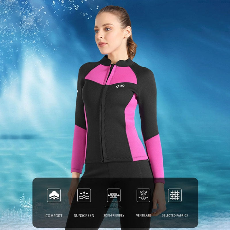 Women Wetsuit Jacket 1.5mm Front Zipper Diving Suit for Surfing Snorkeling - activesportslife