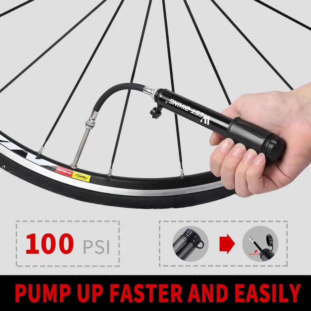 WEST BIKING 100Psi Mini Bike Pump Aluminum Alloy Bicycle Hand Air Pump Tire Inflator - activesportslife