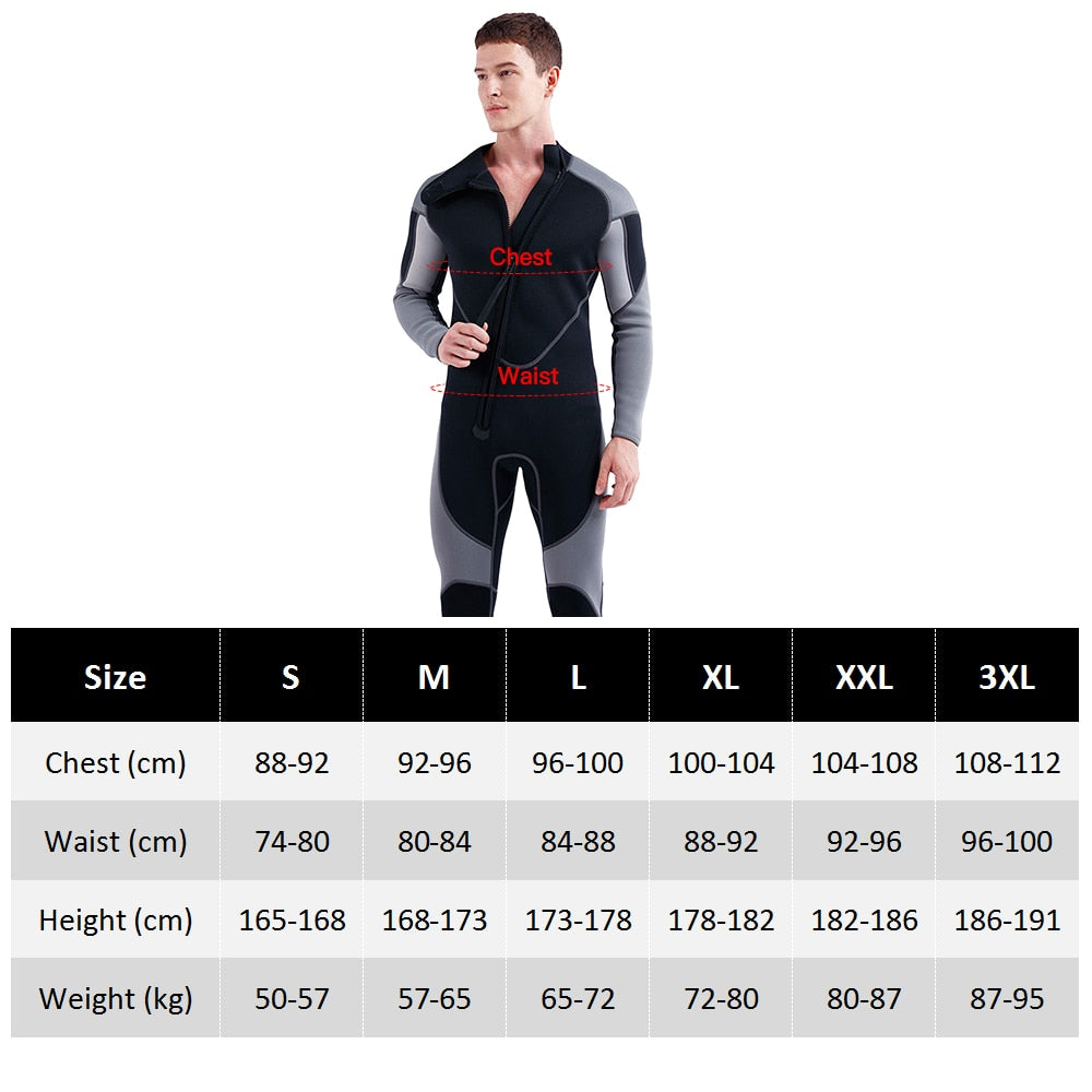 3mm Neoprene Wetsuit for Men Front Zip Full Body Diving Suit - activesportslife