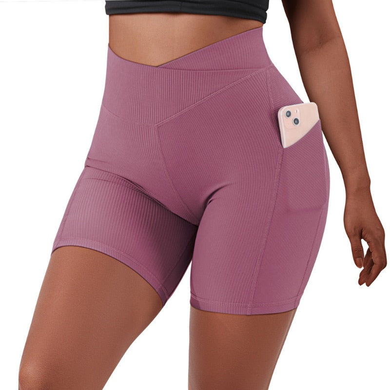 Crossover Workout Gym Shorts Women Yoga Fitness Leggings Scrunch Butt Booty Shorts Seamless Short High Waist Shorts - activesportslife