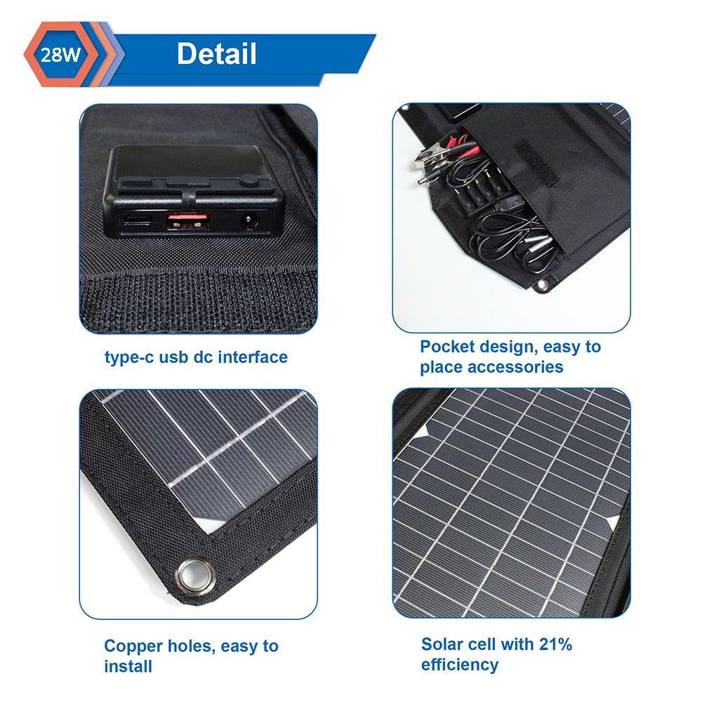 Upgraded 28W 21W 14W Portable Solar Panel Charger Double USB 5V 18V DC Camping Foldable Solar Panel Power Bank - activesportslife