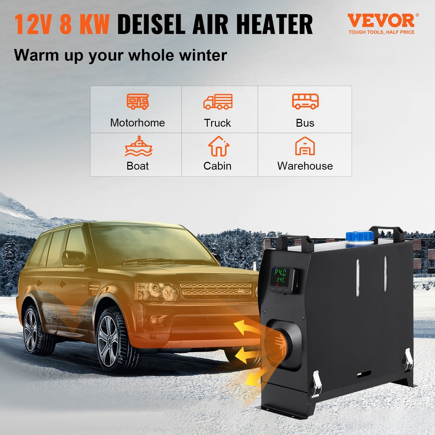 VEVOR 8KW Car Heater 12V Diesel Air Heater LCD Switch Cab Heating Boat Yacht RV Truck Bus Motorhomes Caravans Van Parking Heater - activesportslife