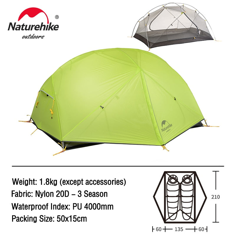 Naturehike Tent 2 Person Backpacking Tent 20D Ultralight Waterproof Survival Outdoor Camping - activesportslife