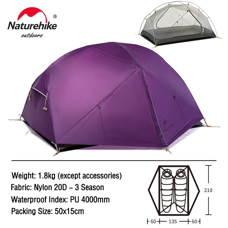 Naturehike Tent 2 Person Backpacking Tent 20D Ultralight Waterproof Survival Outdoor Camping - activesportslife