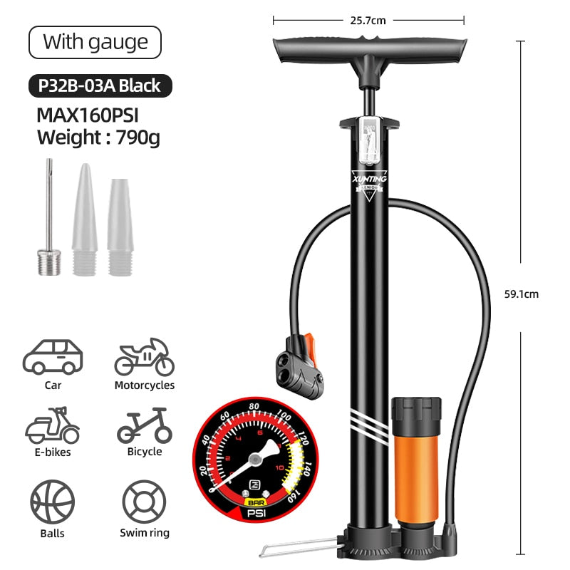 Xunting Bike Pump Inflator Max 160PSI Floor Pump with Pressure Gauge - activesportslife