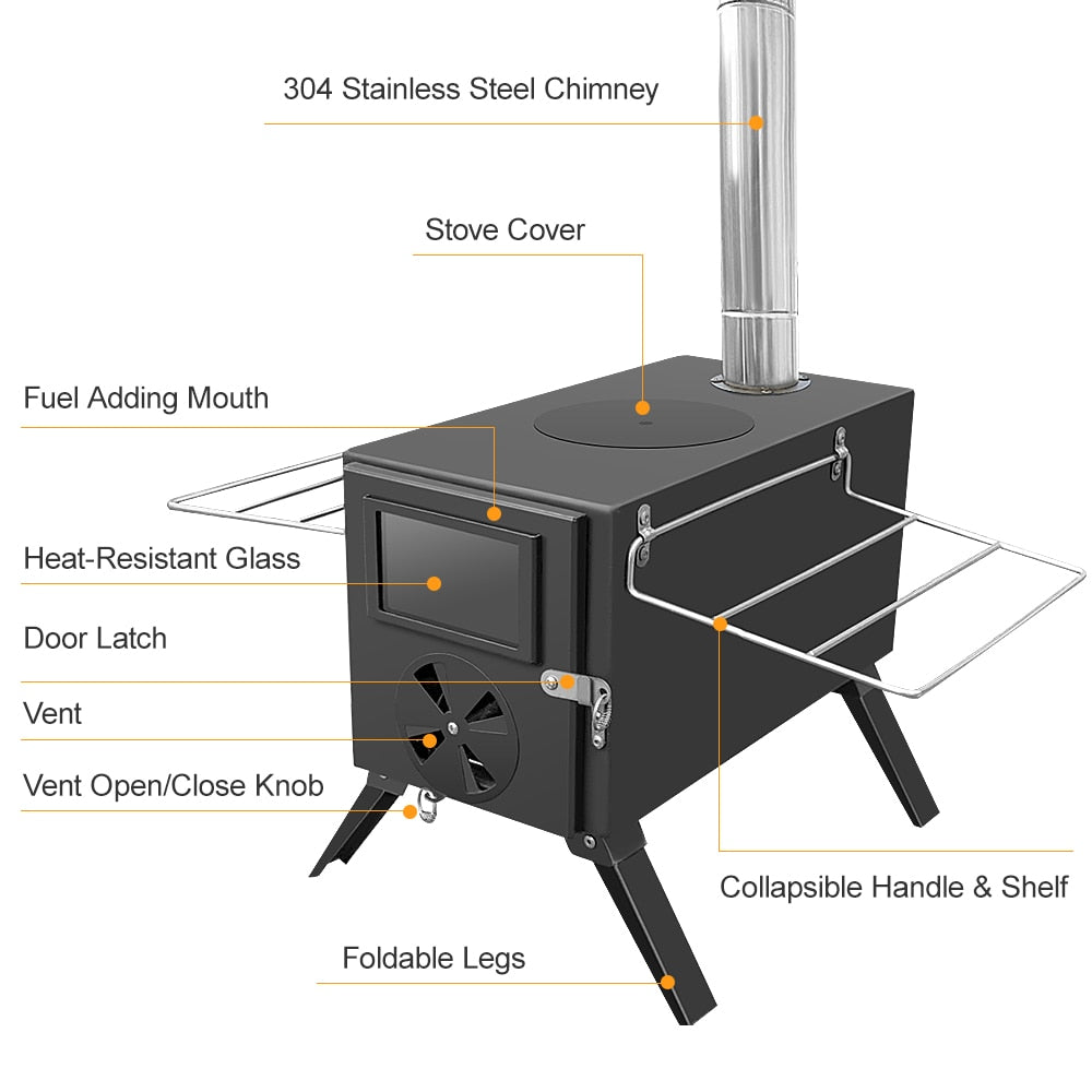 Outdoor Camping Tent Firewood Stove Portable Wood Burning Stove Multifunctional Burner with Detachable Chimney - activesportslife