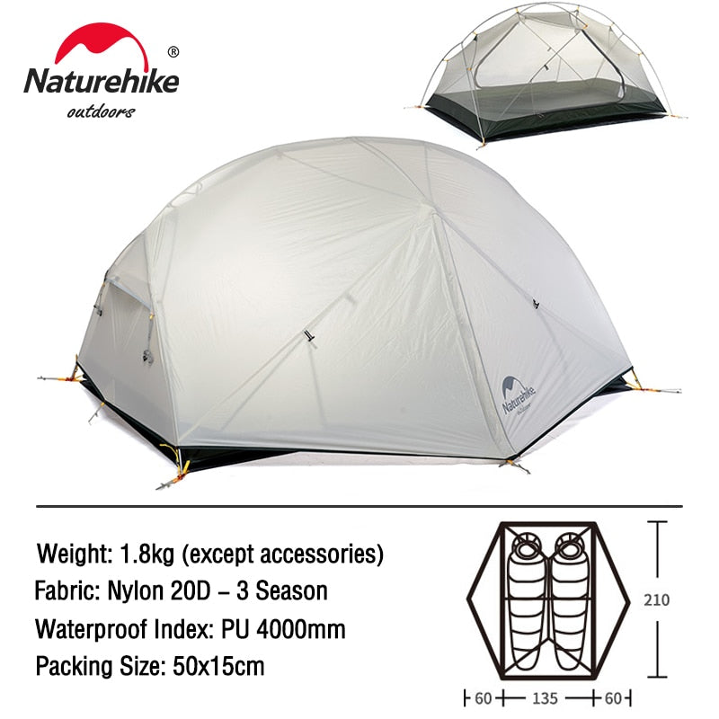 Naturehike Tent 2 Person Backpacking Tent 20D Ultralight Waterproof Survival Outdoor Camping - activesportslife