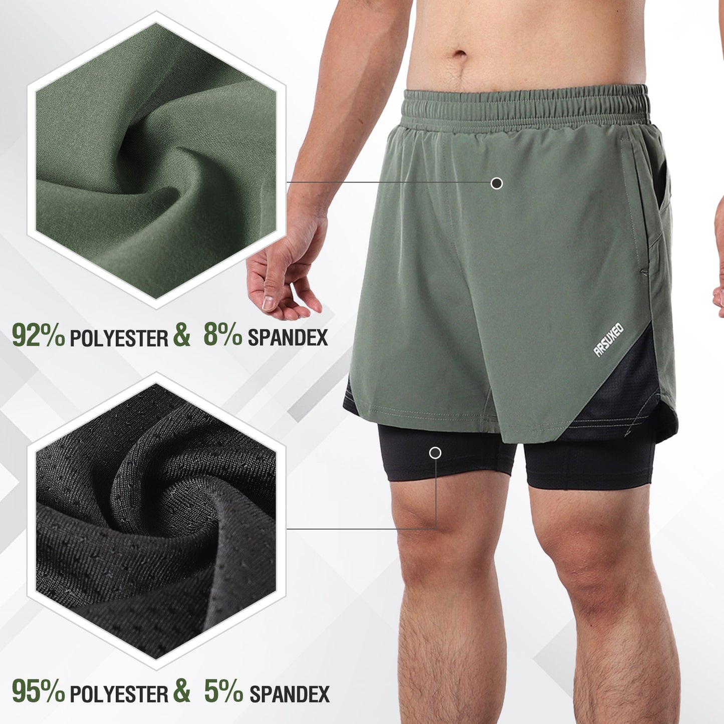 Arsuxeo 2-In-1 Mens Running Shorts with Towel Loop