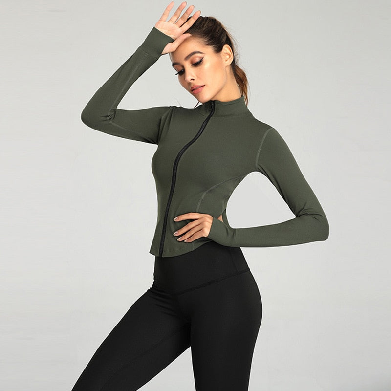 Women Full Zip-up Yoga Top Workout Running Jackets with Thumb Holes Stretchy Fitted Long Sleeve Crop Tops Activewear - activesportslife