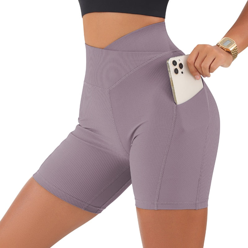 Crossover Workout Gym Shorts Women Yoga Fitness Leggings Scrunch Butt Booty Shorts Seamless Short High Waist Shorts - activesportslife