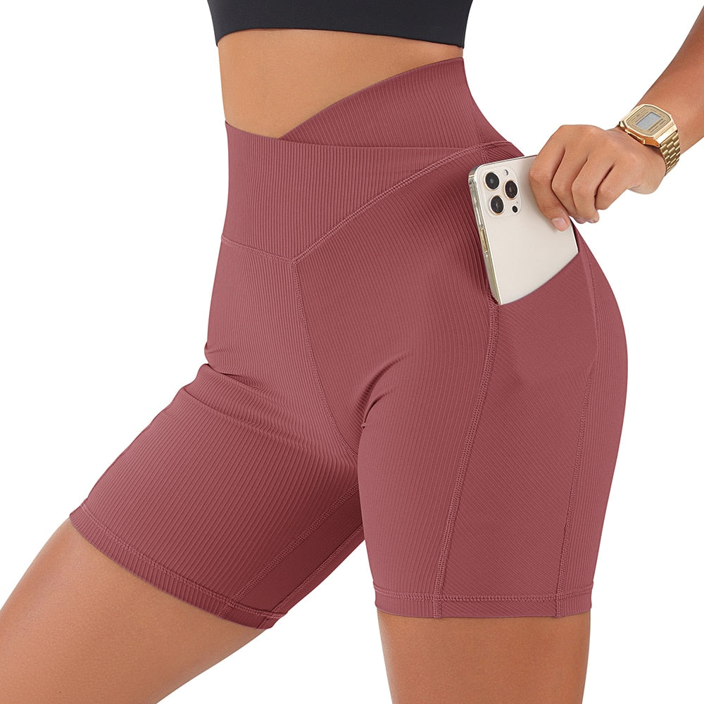 Crossover Workout Gym Shorts Women Yoga Fitness Leggings Scrunch Butt Booty Shorts Seamless Short High Waist Shorts - activesportslife